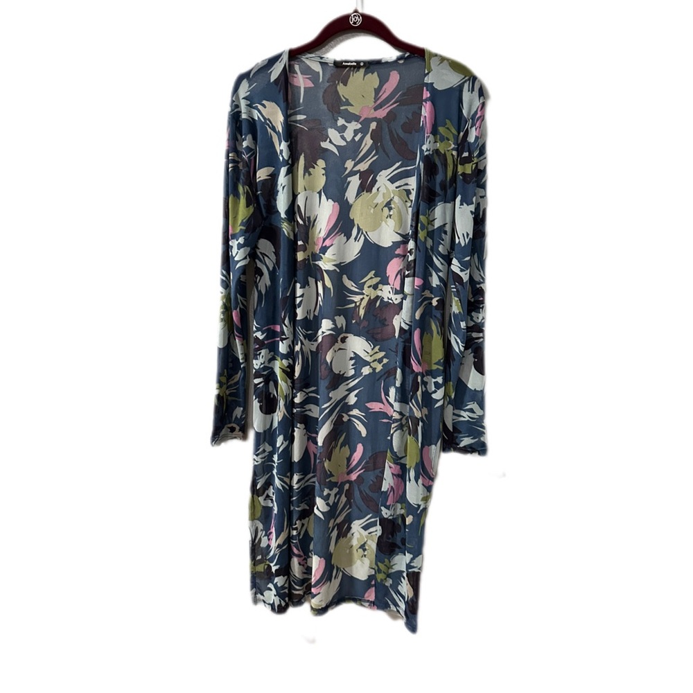 Annabelle Long Floral Open Front Sheer Duster Navy with Olive & Mauve